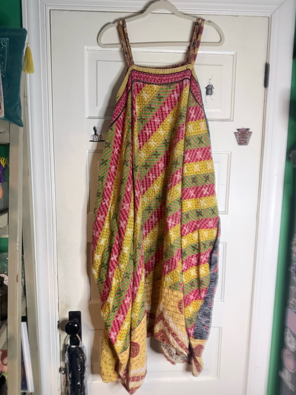 Kantha Bae Boho Striped Patchwork Maxi Dress in Pink, Yellow & Green